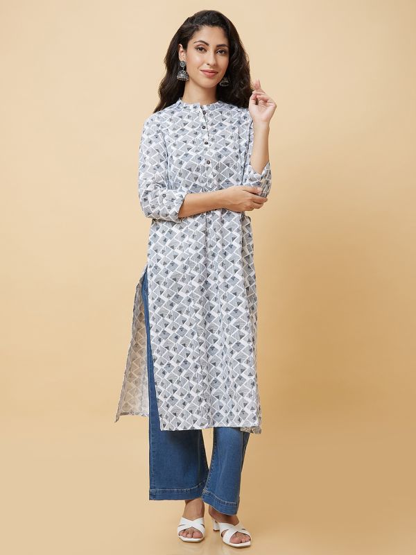 Globus Women White Ethnic Motifs Print Panelled Casual Straight Kurta