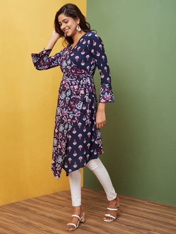 Globus Women Navy Printed V-Neck A-Line Kurta