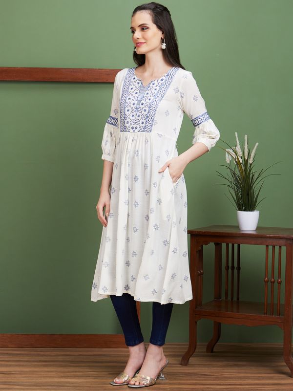 Globus Women Off-White Embroidered Yoke Ethnic Motifs Round Neck Casual A-Line Kurta