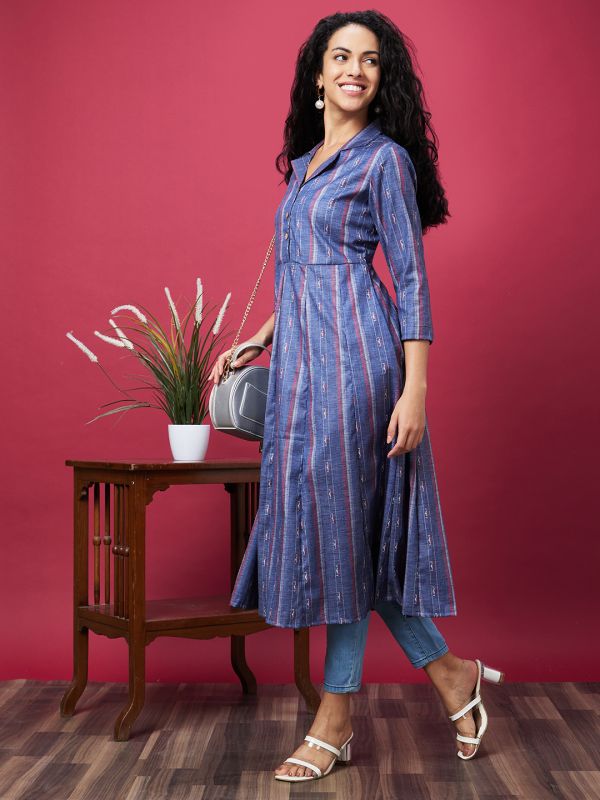 Globus Women Blue Striped Cuban Collar Flared Hem Panelled A-Line Kurta