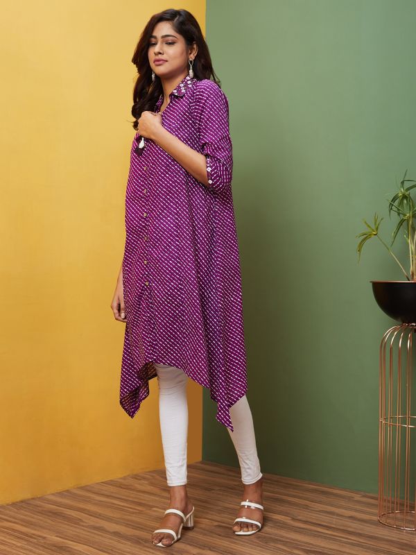 Globus Women Purple Printed Shirt Collar A-Line Kurta