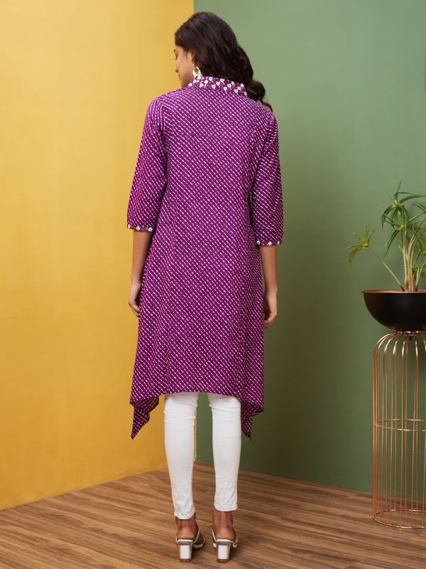 Globus Women Purple Printed Shirt Collar A-Line Kurta