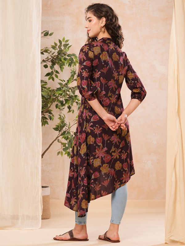 Globus Women Wine Floral Print Asymmetric Hem Mandarin Collar Kurta