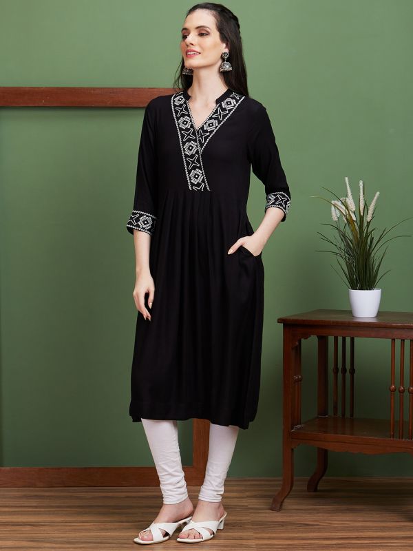 Globus Women Black Embroidered V-Neck Casual A-Line Kurta