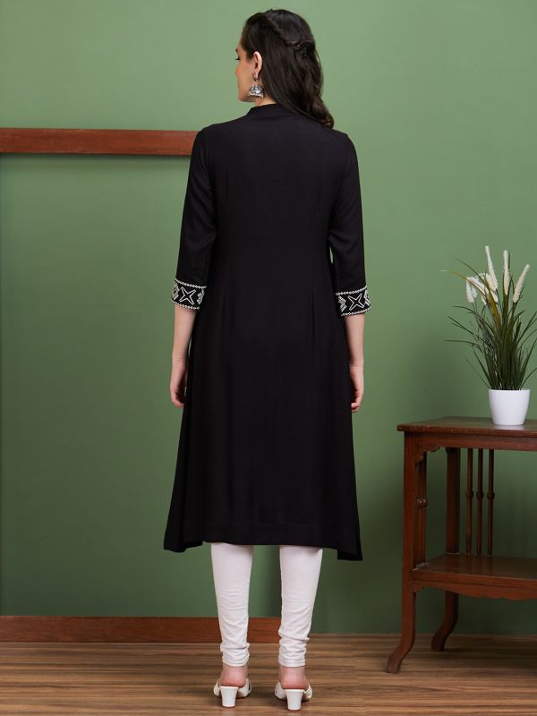 Globus Women Black Embroidered V-Neck Casual A-Line Kurta