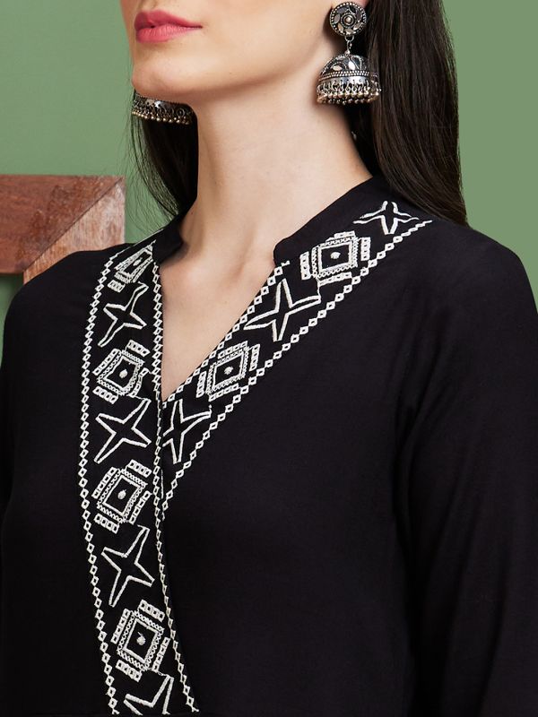 Globus Women Black Embroidered V-Neck Casual A-Line Kurta