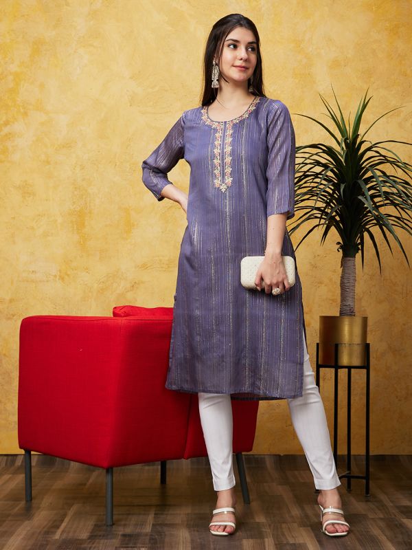 Globus Women Grey Ethnic Motifs Three-Quarter Sleeves Straight Kurta