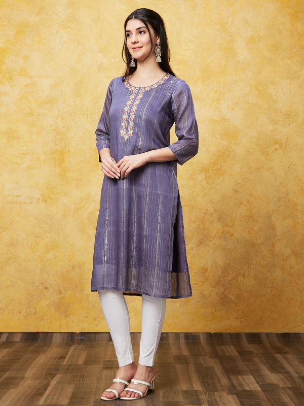 Globus Women Grey Ethnic Motifs Three-Quarter Sleeves Straight Kurta