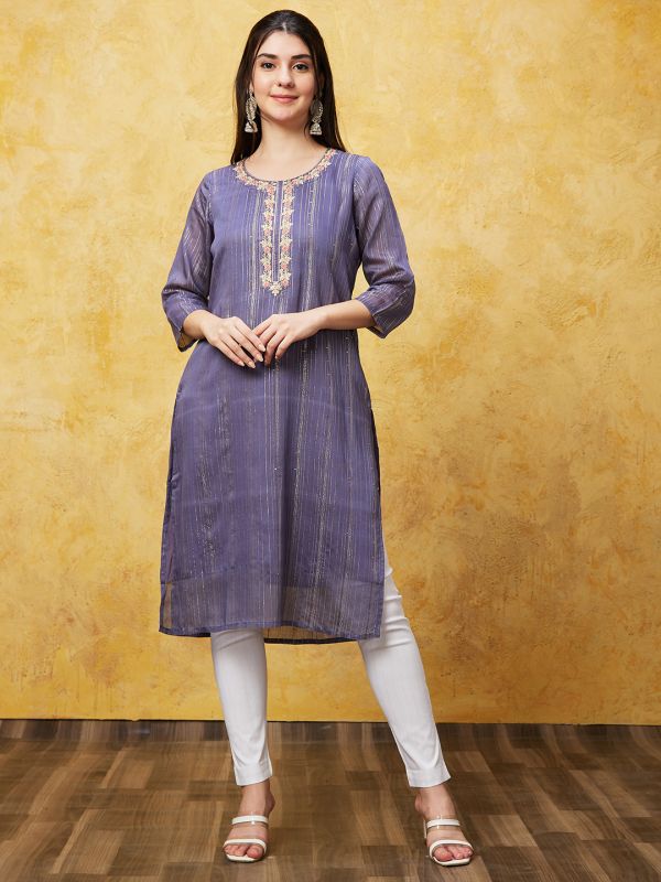 Globus Women Grey Ethnic Motifs Three-Quarter Sleeves Straight Kurta