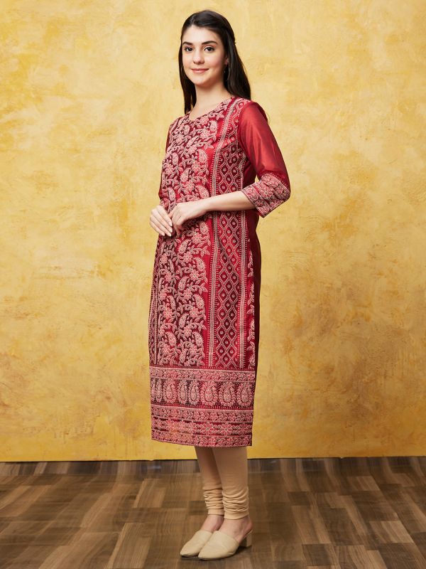 Globus Women Maroon Ethnic Motifs Printed Straight Calf Length Festive Kurta