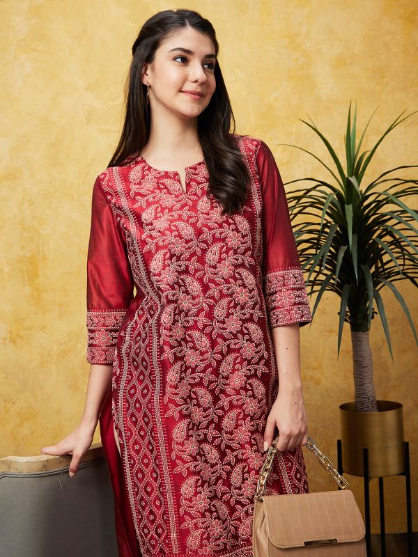 Globus Women Maroon Ethnic Motifs Printed Straight Calf Length Festive Kurta