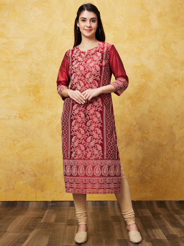 Globus Women Maroon Ethnic Motifs Printed Straight Calf Length Festive Kurta