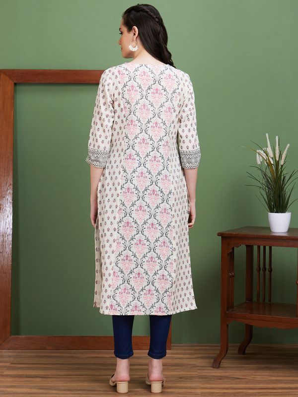 Globus Women Off White Ethnic Motifs Side Slits Panelled Straight Kurta