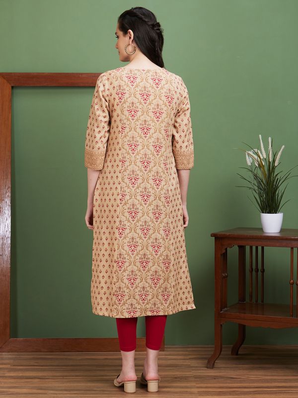 Globus Women Beige Ethnic Motifs Side Slits Panelled Straight Kurta