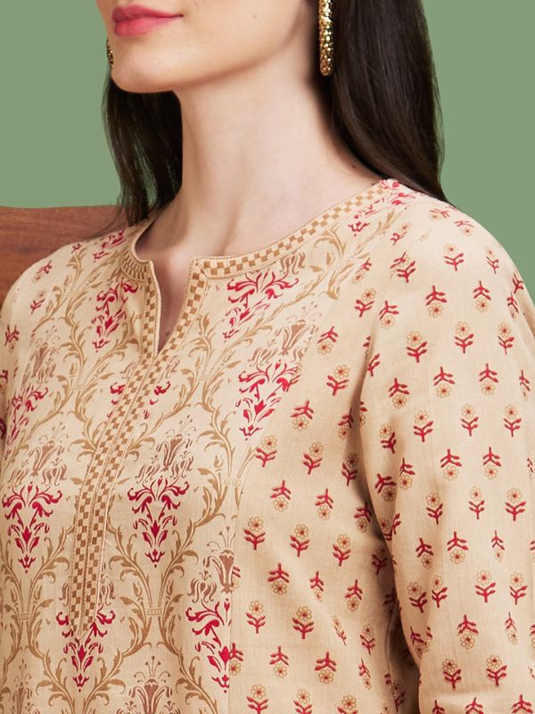 Globus Women Beige Ethnic Motifs Side Slits Panelled Straight Kurta