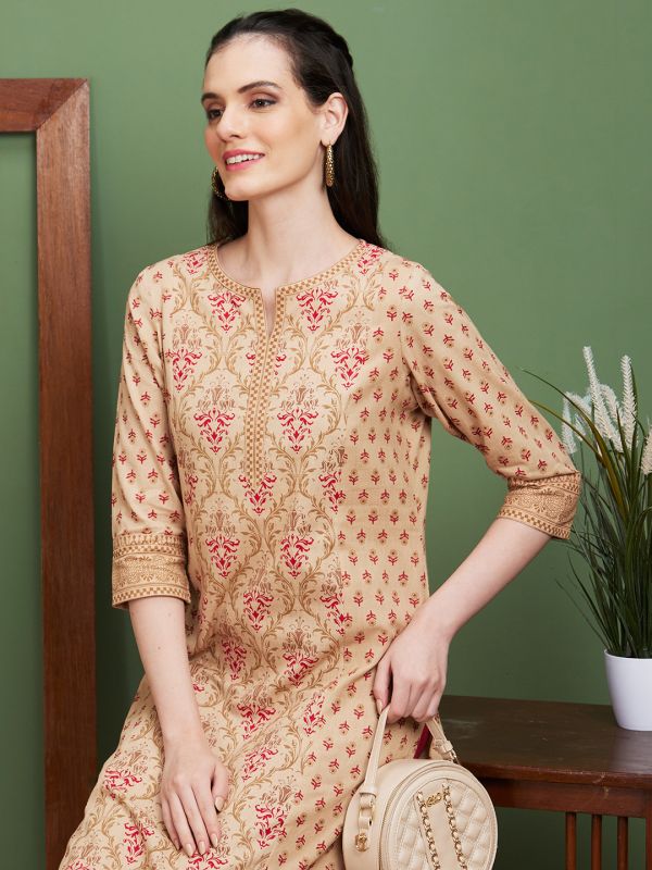 Globus Women Beige Ethnic Motifs Side Slits Panelled Straight Kurta