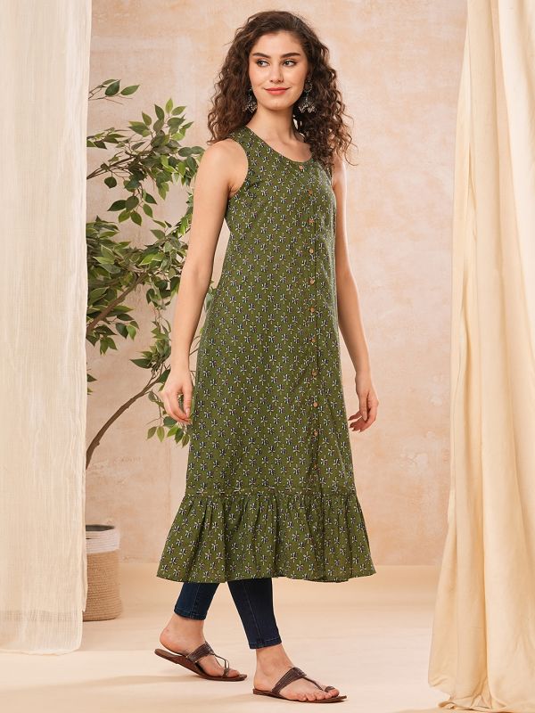 Globus Women Green Ethnic Motifs Flared Hem A-Line Kurta