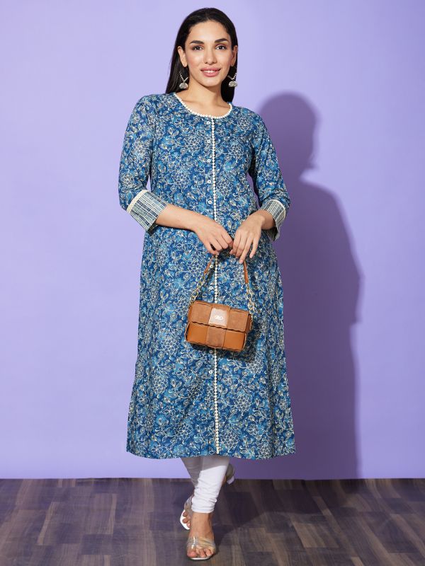 Globus Women Blue Floral Print Round Neck Cotton Casual A-Line Kurta