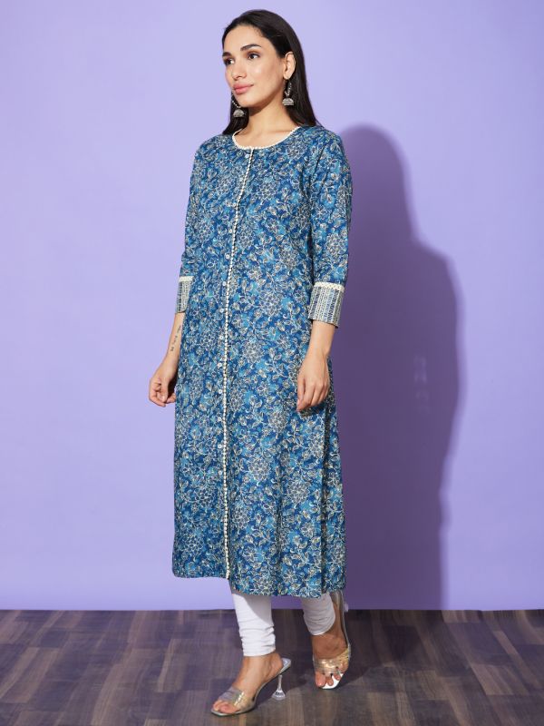 Globus Women Blue Floral Print Round Neck Cotton Casual A-Line Kurta