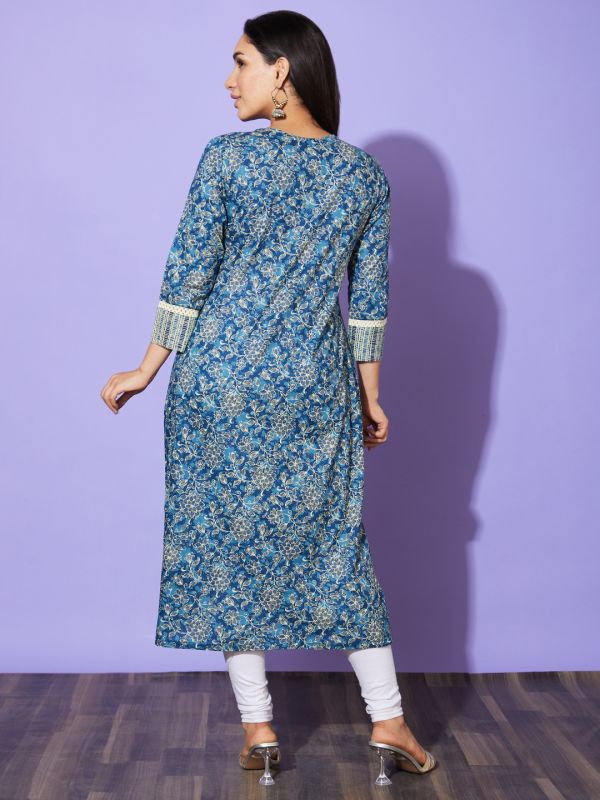 Globus Women Blue Floral Print Round Neck Cotton Casual A-Line Kurta