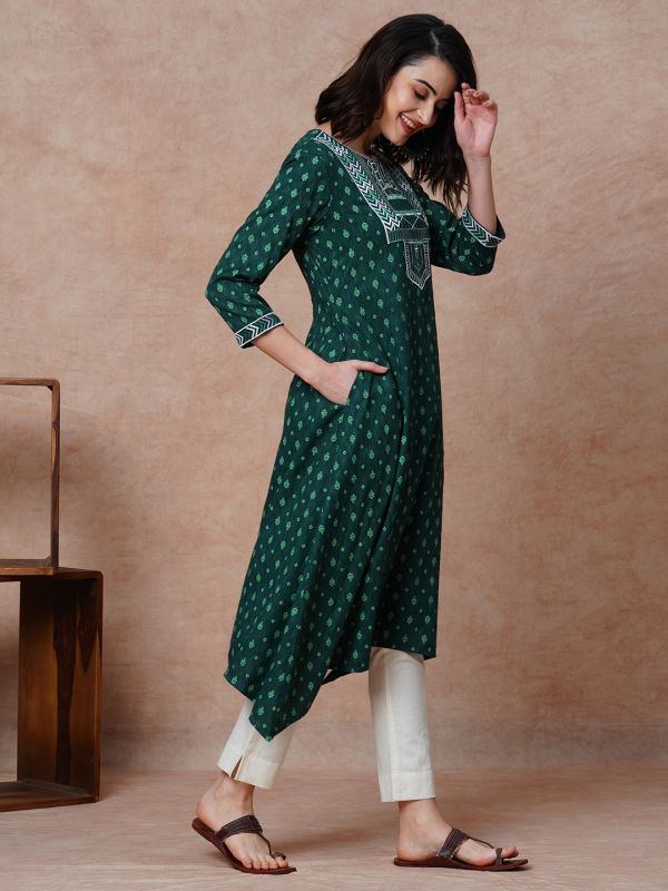 Globus Women Green Embroidered Yoke Allover Printed Assymetric A-Line Kurta