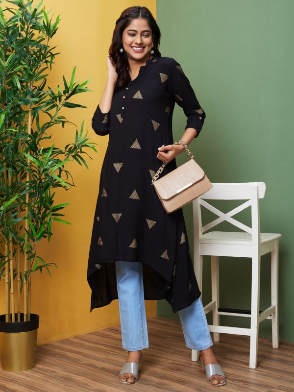 Globus Women Black Printed Mandarin Collar A-Line Kurta