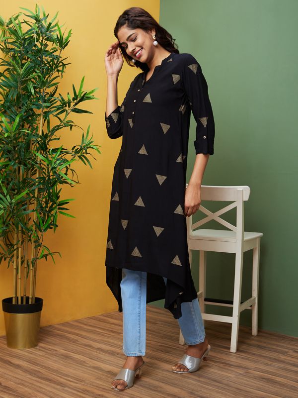 Globus Women Black Printed Mandarin Collar A-Line Kurta