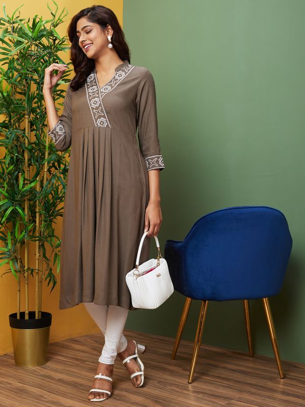 Globus Women Taupe Embroidered V-Neck A-Line Kurta