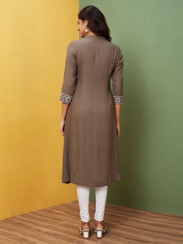 Globus Women Taupe Embroidered V-Neck A-Line Kurta