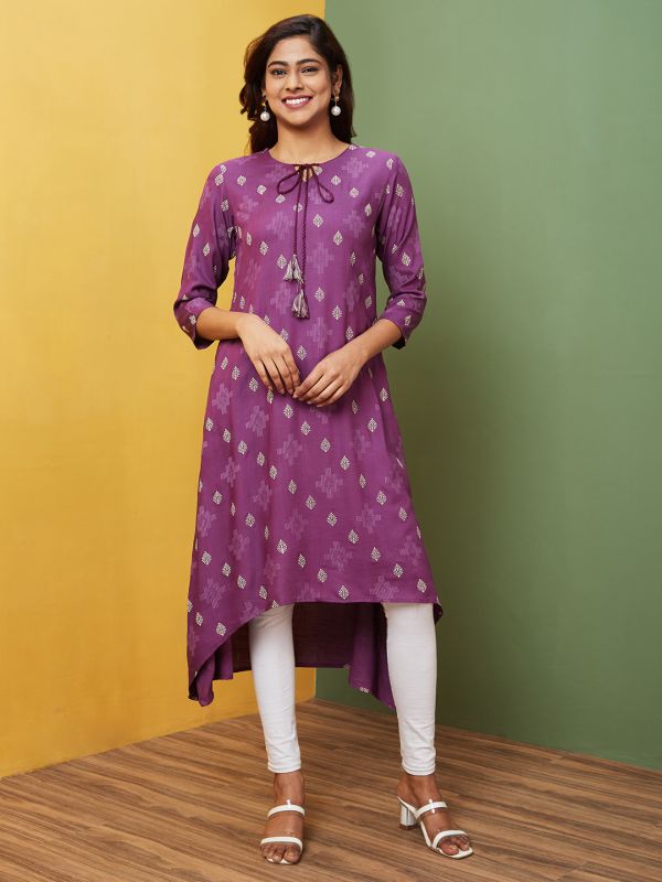 Globus Women Purple Printed Tie-Up Neck A-Line Kurta