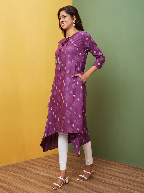 Globus Women Purple Printed Tie-Up Neck A-Line Kurta