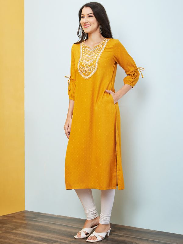 Globus Women Yellow Woven Design Round Neck Embroidered Yoke Straight Kurta