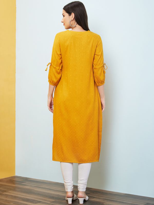 Globus Women Yellow Woven Design Round Neck Embroidered Yoke Straight Kurta