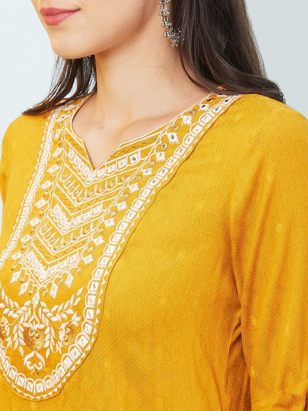 Globus Women Yellow Woven Design Round Neck Embroidered Yoke Straight Kurta