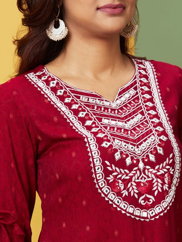 Globus Women Maroon Embroidered Round Neck Regular Kurta