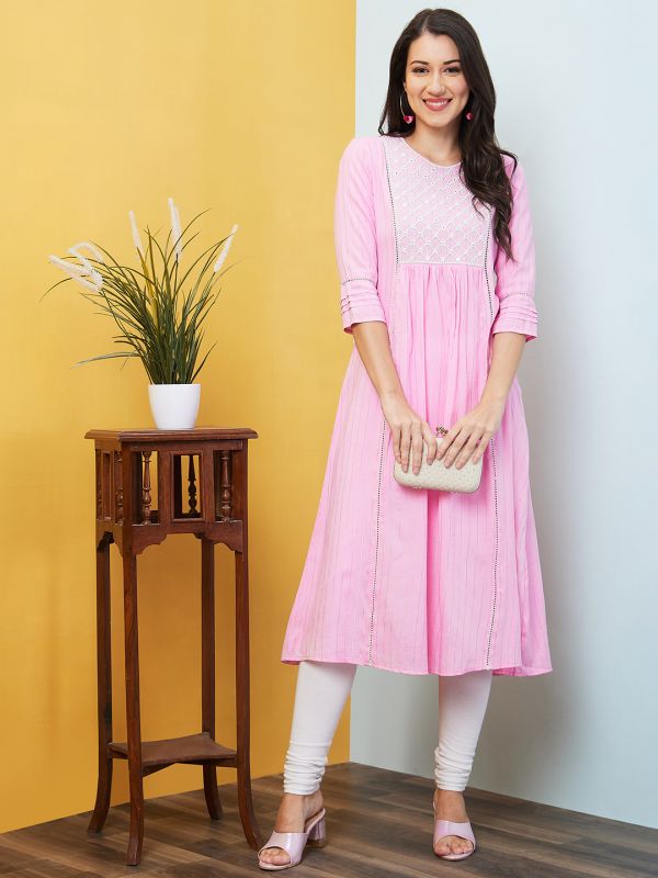 Globus Women Pink Woven Design Round Neck Embroidered Yoke A-Line Panelled Kurta