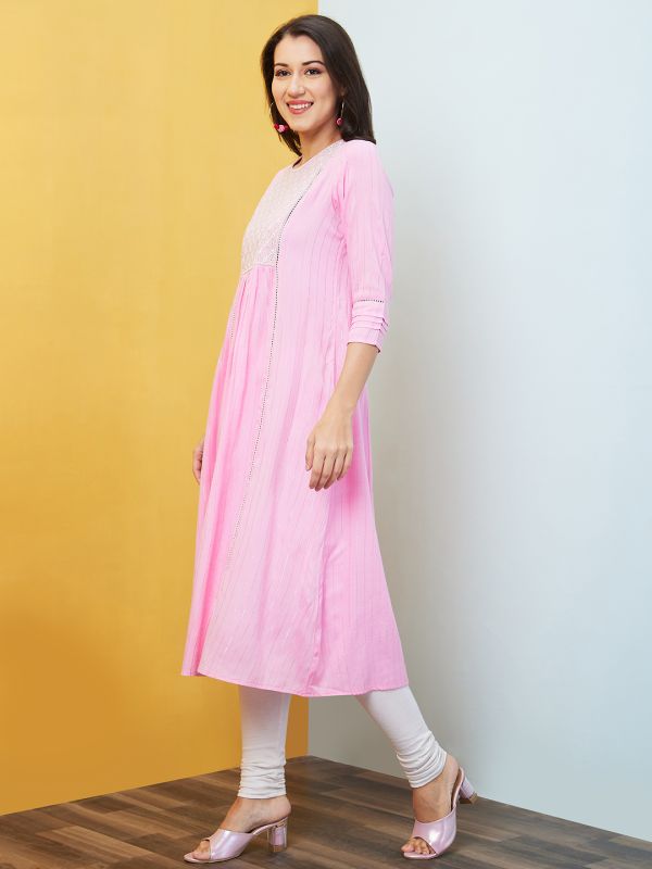 Globus Women Pink Woven Design Round Neck Embroidered Yoke A-Line Panelled Kurta