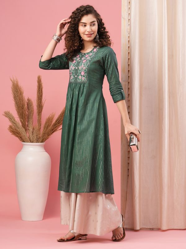 Globus Women Green Embroidered Yoke Cotton Lurex Panelled A-Line Kurta