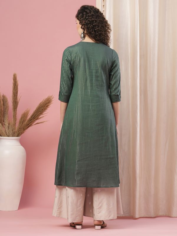 Globus Women Green Embroidered Yoke Cotton Lurex Panelled A-Line Kurta