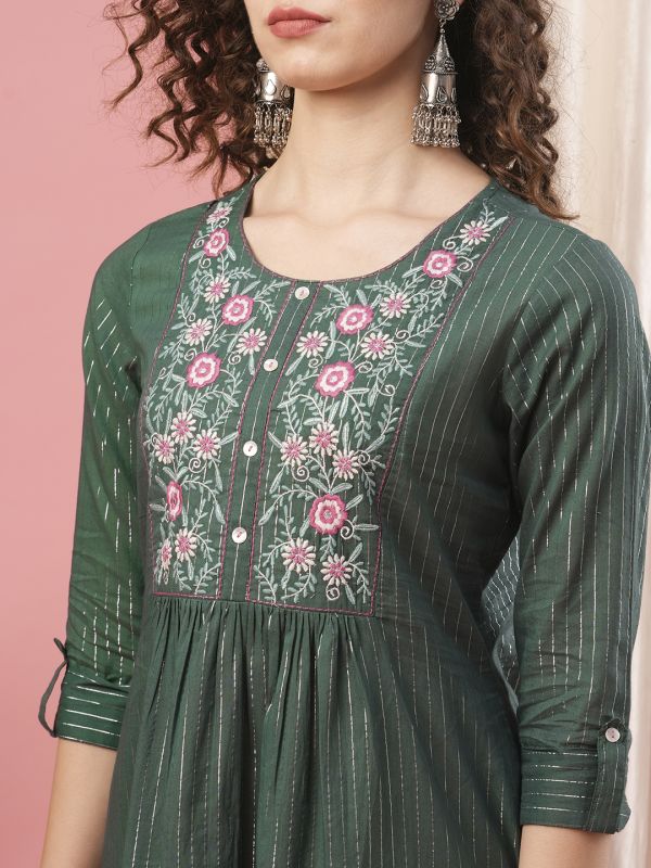 Globus Women Green Embroidered Yoke Cotton Lurex Panelled A-Line Kurta