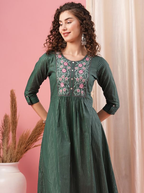 Globus Women Green Embroidered Yoke Cotton Lurex Panelled A-Line Kurta