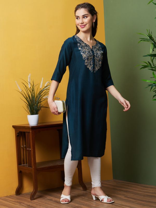 Globus Women Teal Solid Embroidered Yoke Daily Wear Round Neck Straight Kurta