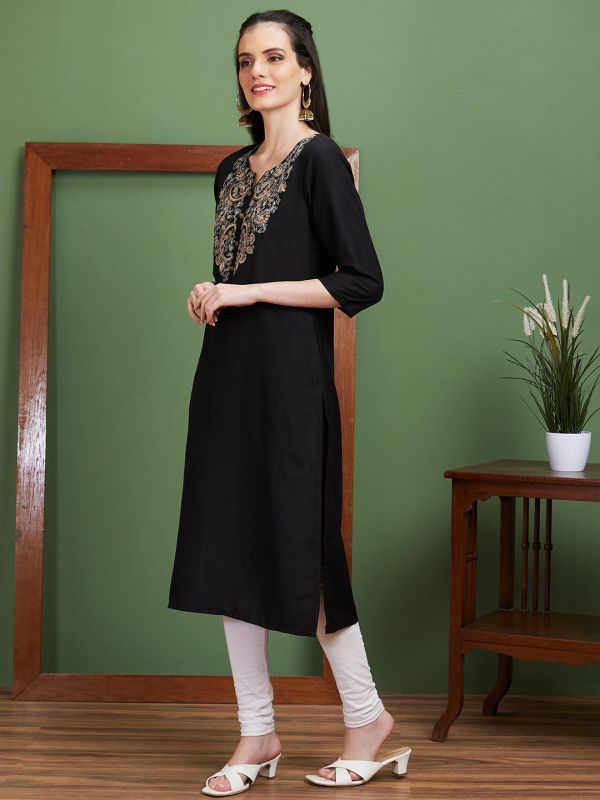 Globus Women Black Floral Embroidered Yoke Polyester Round Neck Casual Straight Kurta