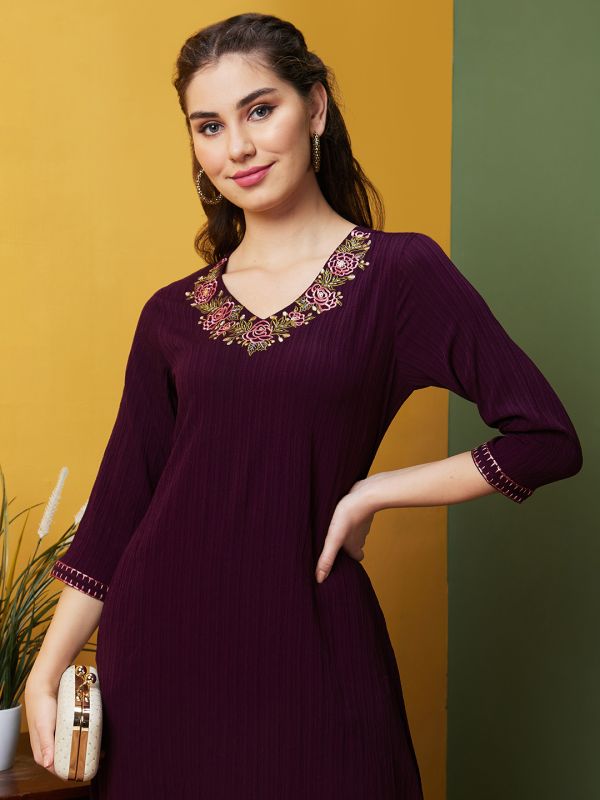 Globus Women Purple Floral Embroidered V Neck Georgette A-Line Kurta With Pocket