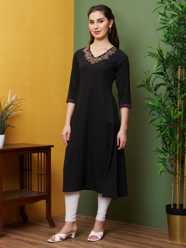 Globus Women Black Floral Embroidered V-Neck Georgette A-Line Kurta