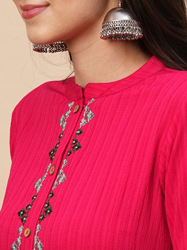 Globus Women Pink Mandarin Collar Embroidered Placket Kurta