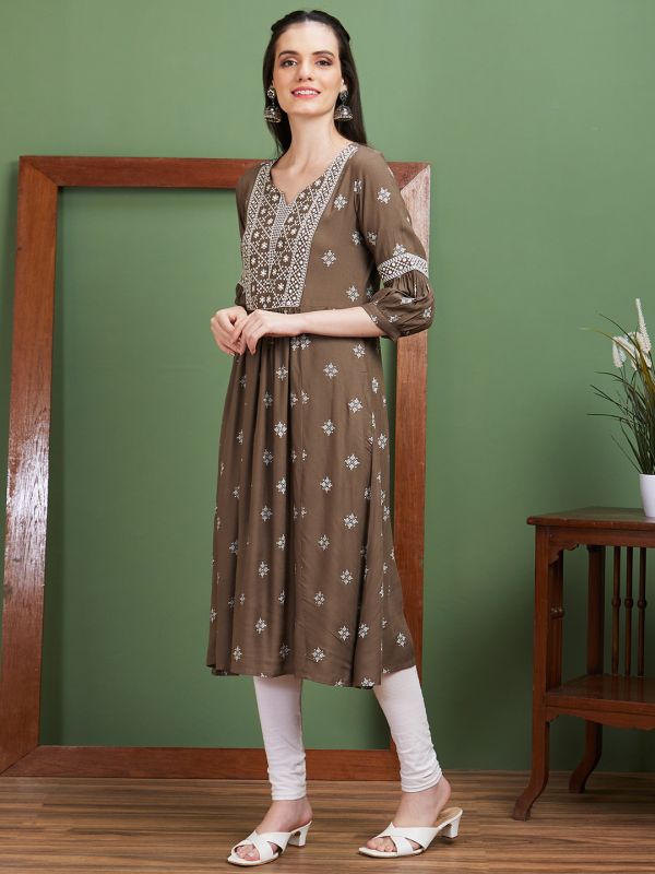 Globus Women Taupe Embroidered Yoke Ethnic Motifs Round Neck Casual A-Line Kurta