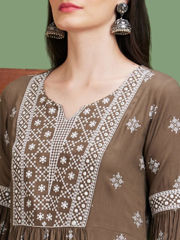 Globus Women Taupe Embroidered Yoke Ethnic Motifs Round Neck Casual A-Line Kurta