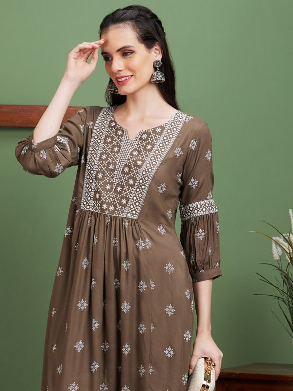 Globus Women Taupe Embroidered Yoke Ethnic Motifs Round Neck Casual A-Line Kurta