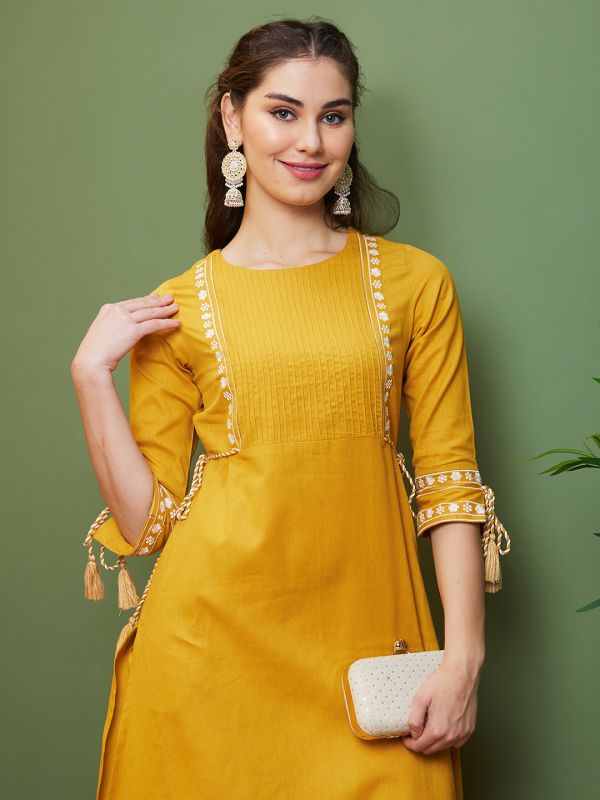 Globus Women Yellow Floral Embroidered & Accordion Pleated Yoke A-Line Kurta